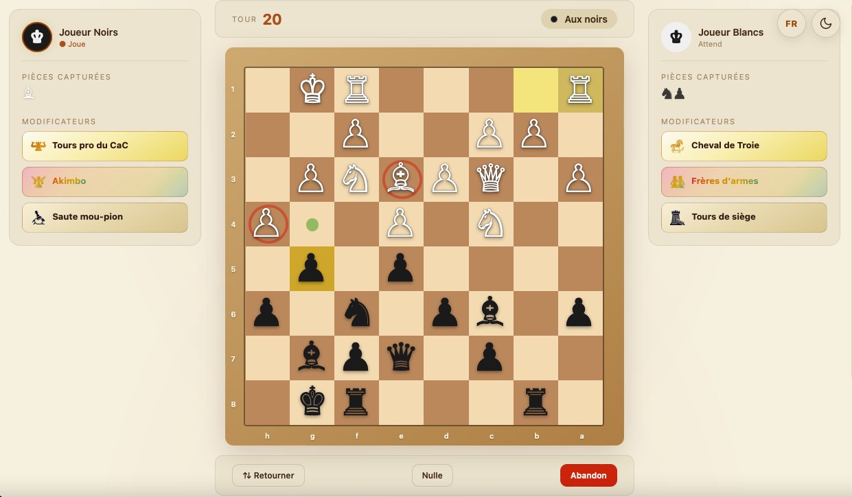 Capture d'écran de Jumble Chess en ligne : échiquier et modificateurs actifs